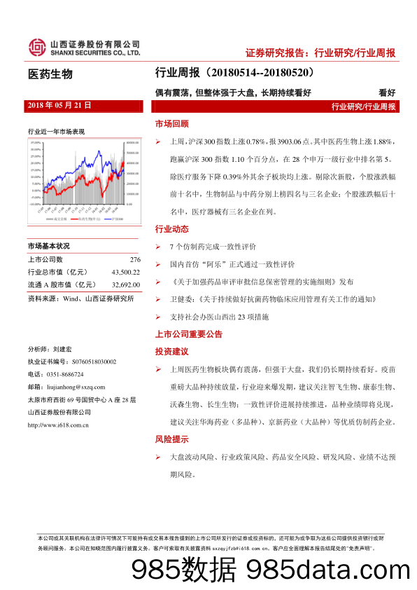 医药生物行业周报：偶有震荡，但整体强于大盘，长期持续看好_山西证券