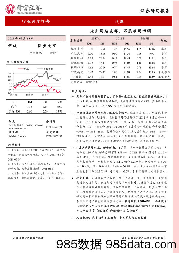 汽车行业月度报告：走出周期底部 ，不惧市场回调_财富证券