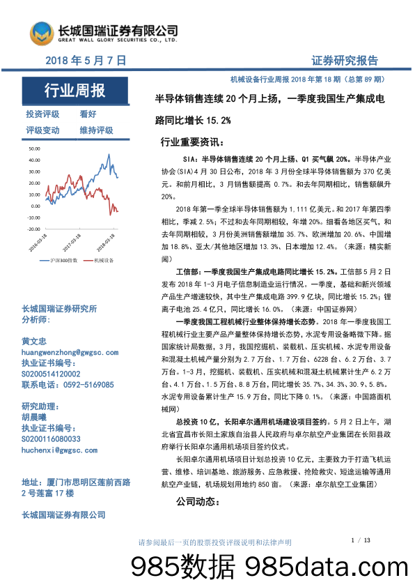 机械设备行业周报2018年第18期（总第89期）：半导体销售连续20个月上扬，一季度我国生产集成电路同比增长15.2%_长城国瑞证券