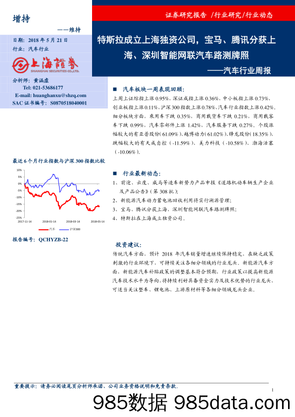 汽车行业周报：特斯拉成立上海独资公司，宝马、腾讯分获上海、深圳智能网联汽车路测牌照_上海证券