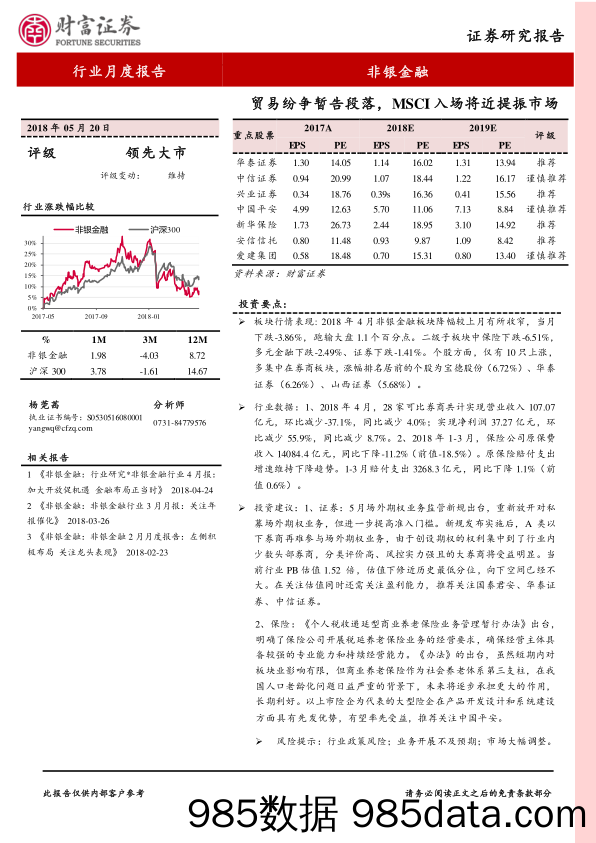 非银金融行业月度报告：贸易纷争暂告段落，MSCI入场将近提振市场_财富证券