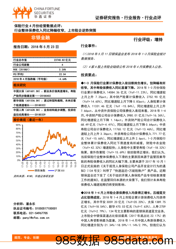 保险行业4月份经营数据点评：行业整体保费收入同比降幅收窄，上市险企逆势突围_华鑫证券