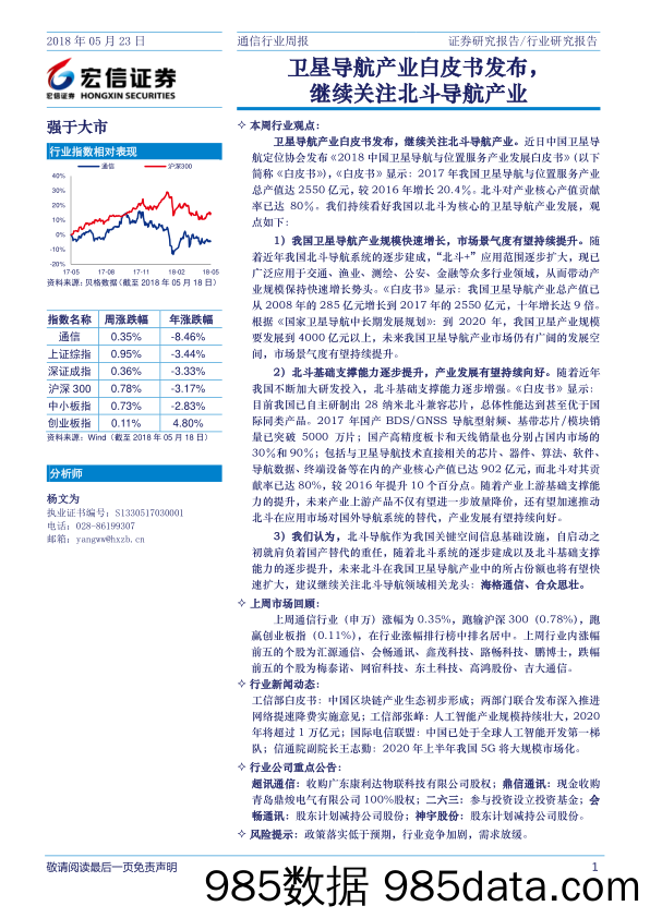 通信行业周报：卫星导航产业白皮书发布，继续关注北斗导航产业_宏信证券