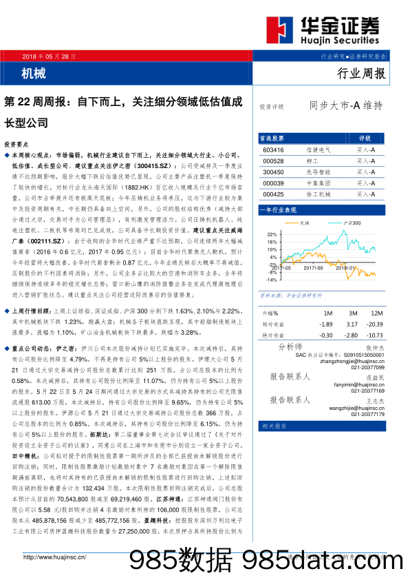 机械第22周周报：自下而上，关注细分领域低估值成_华金证券