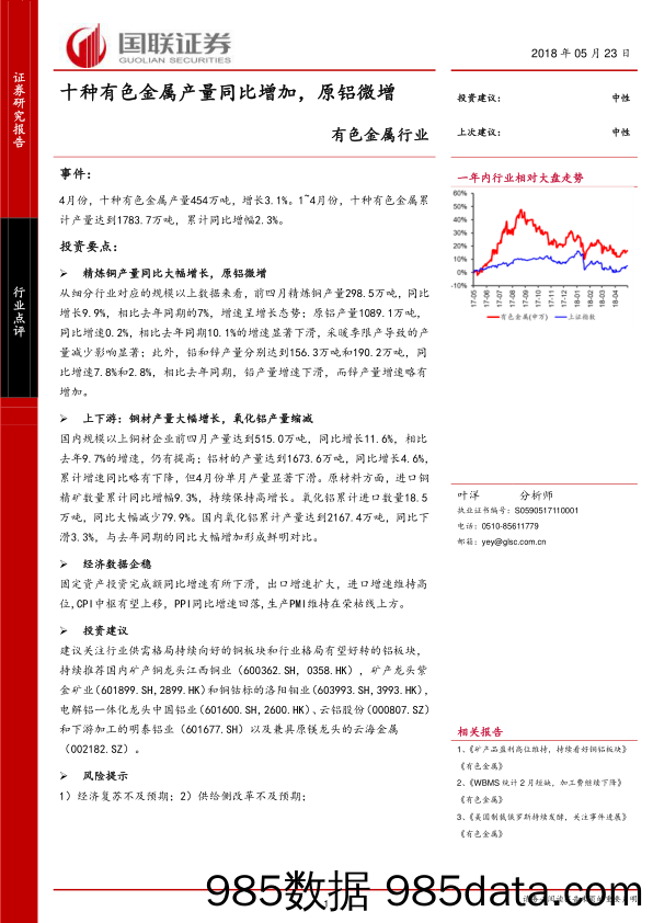 有色金属行业：十种有色金属产量同比增加，原铝微增_国联证券