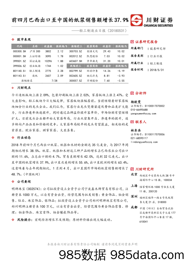 轻工制造业日报：前四月巴西出口至中国的纸浆销售额增长37.9%_川财证券