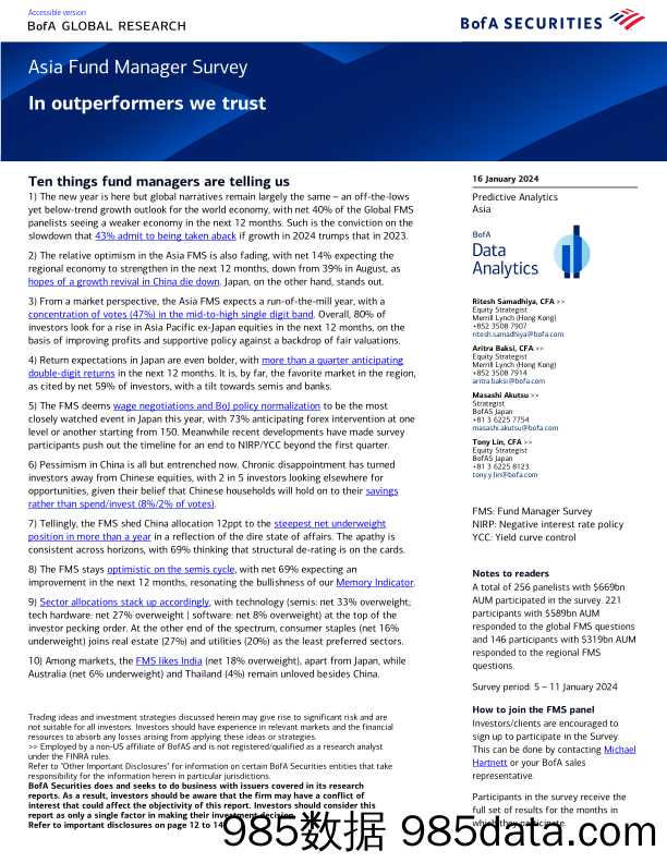 BofA_Asia Fund Manager Survey In outperformers we trust_20240116