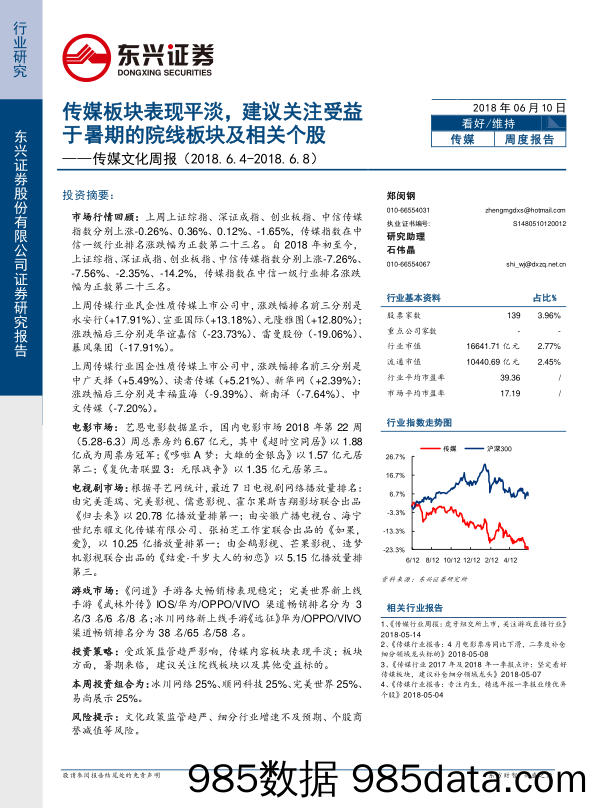 传媒文化周报：传媒板块表现平淡，建议关注受益于暑期的院线板块及相关个股_东兴证券