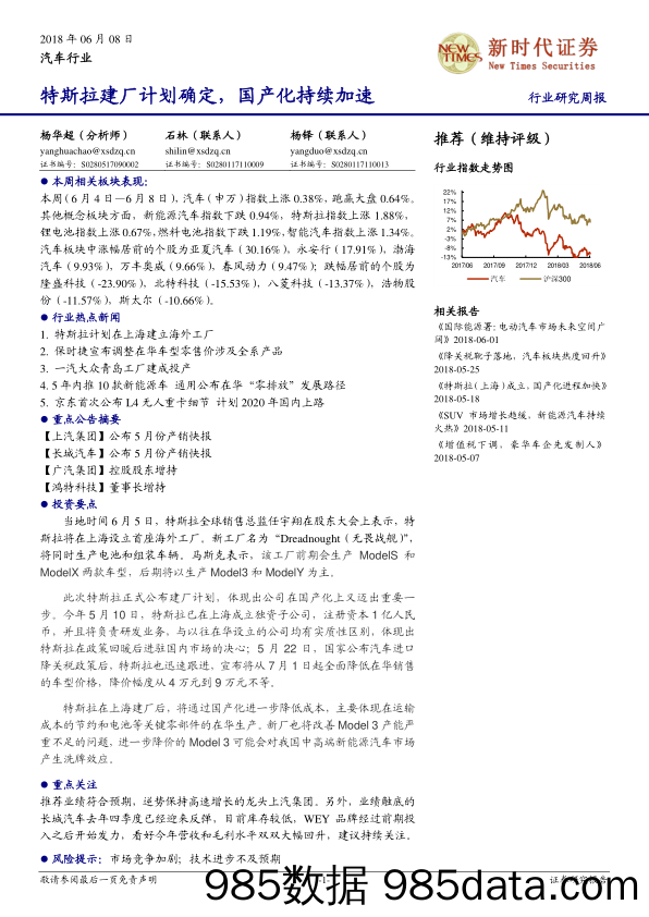 汽车行业研究周报：特斯拉建厂计划确定，国产化持续加速_新时代证券