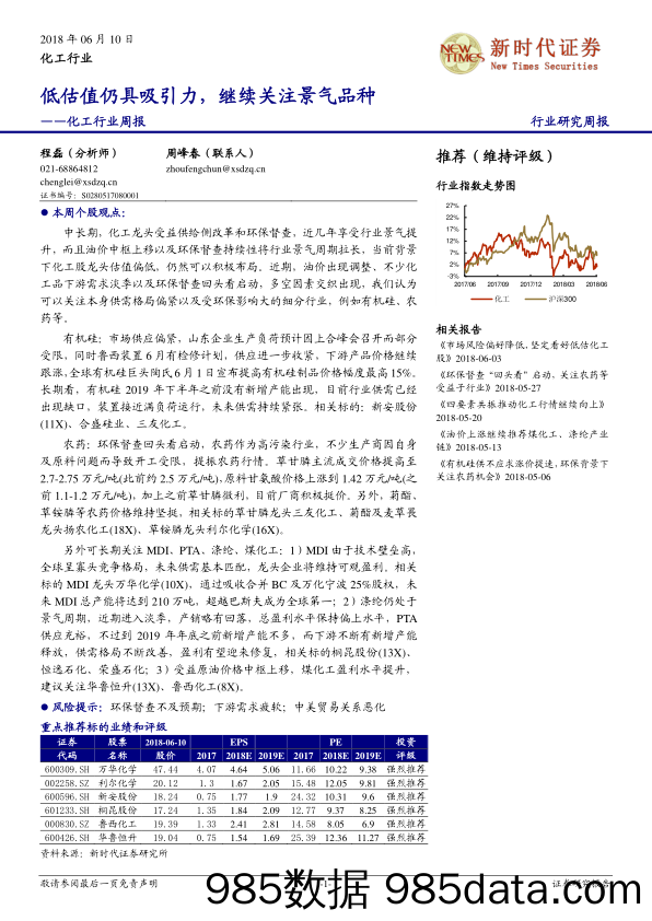 化工行业周报：低估值仍具吸引力，继续关注景气品种_新时代证券