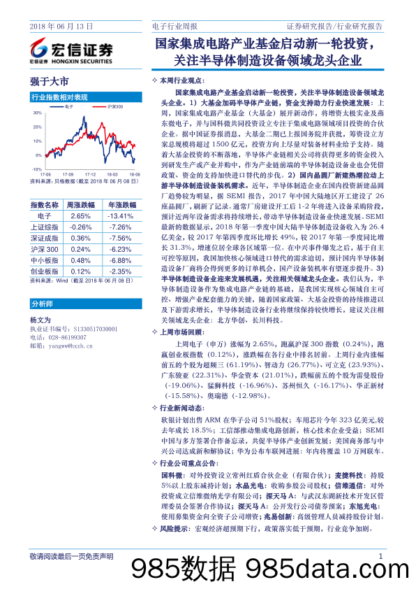 电子行业周报：国家集成电路产业基金启动新一轮投资，关注半导体制造设备领域龙头企业_宏信证券