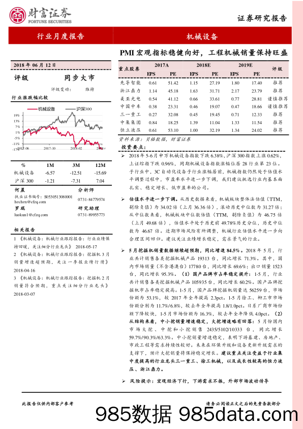 机械设备行业月度报告：PMI宏观指标稳健向好，工程机械销量保持旺盛_财富证券