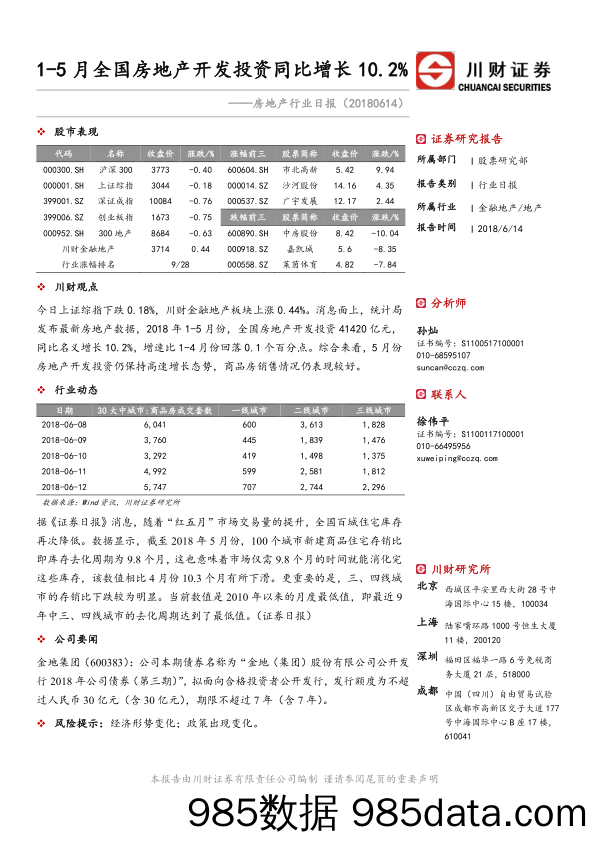 房地产行业日报：1-5 月全国房地产开发投资同比增长 10.2%_川财证券