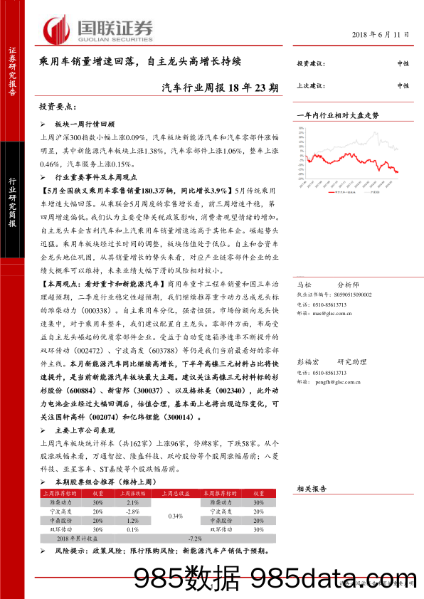 汽车行业周报18年23期：乘用车销量增速回落，自主龙头高增长持续_国联证券