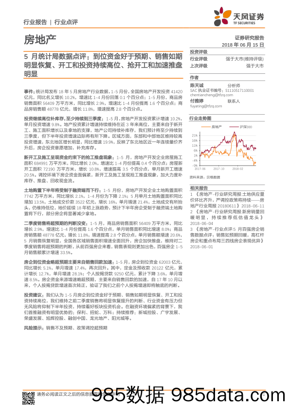 房地产5月统计局数据点评：到位资金好于预期、销售如期明显恢复、开工和投资持续高位、抢开工和加速推盘明显_天风证券