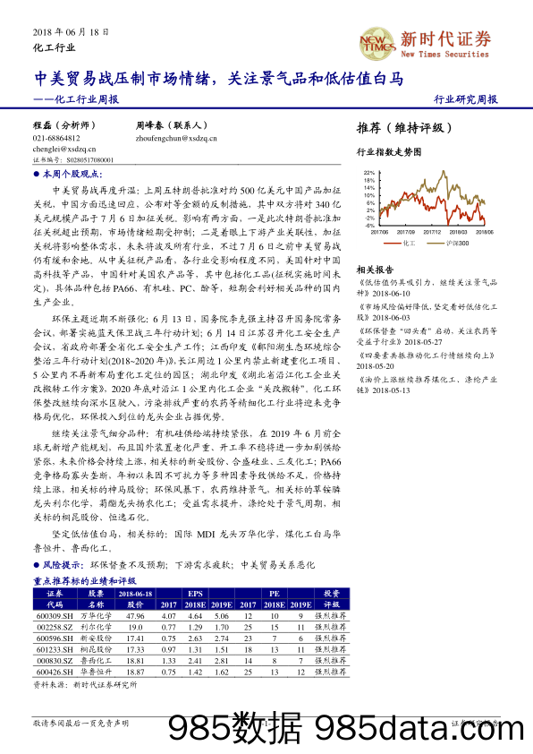 化工行业周报：中美贸易战压制市场情绪，关注景气品和低估值白马_新时代证券