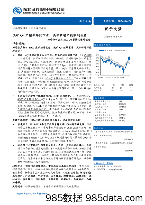 有色金属行业海外锂矿企业2023Q4营情况跟踪报告：澳矿Q4产销率环比下滑，美非新增产能顺利放量-240424-东北证券