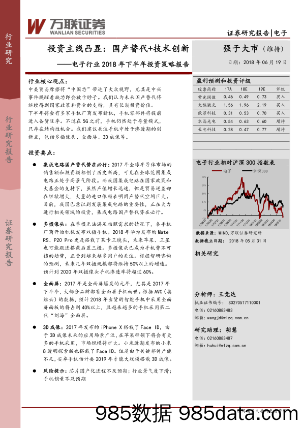 电子行业2018年下半年投资策略报告：投资主线凸显：国产替代+技术创新_万联证券