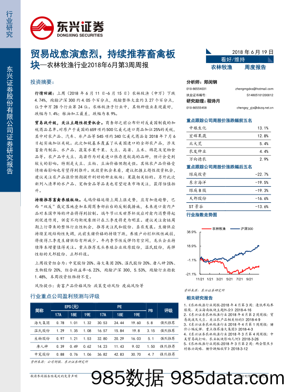 农林牧渔行业2018年6月第3周周报：贸易战愈演愈烈，持续推荐畜禽板块_东兴证券