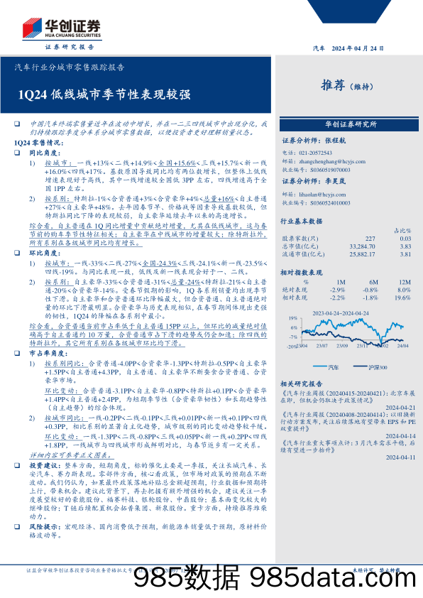 汽车行业分城市零售跟踪报告：1Q24低线城市季节性表现较强-240424-华创证券