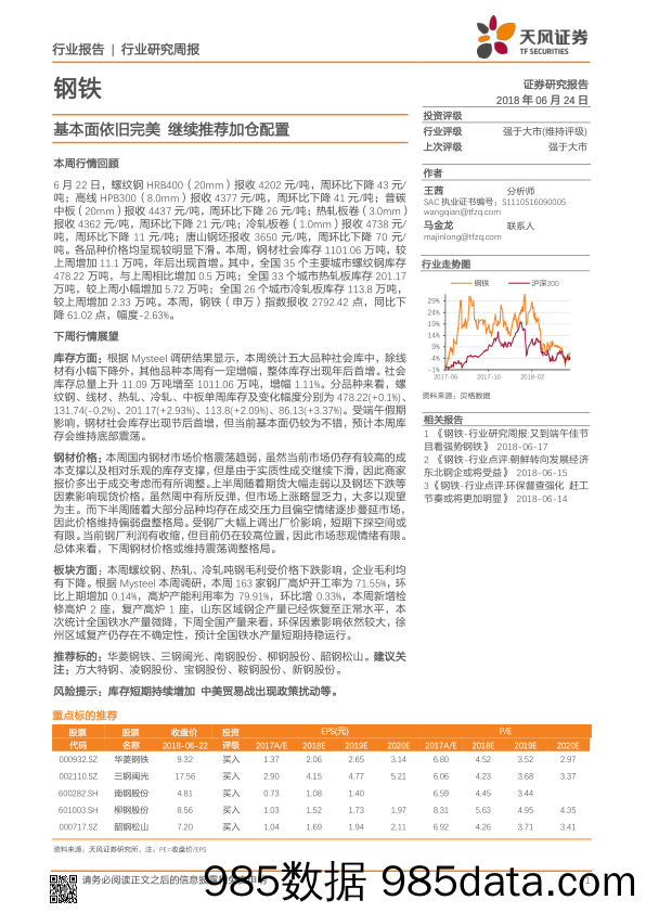 钢铁行业研究周报：基本面依旧完美 继续推荐加仓配置_天风证券