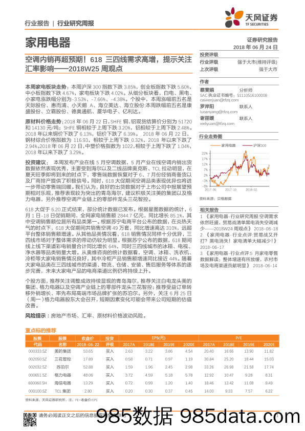 家用电器2018W25周观点：空调内销再超预期！618三四线需求高增，提示关注汇率影响_天风证券