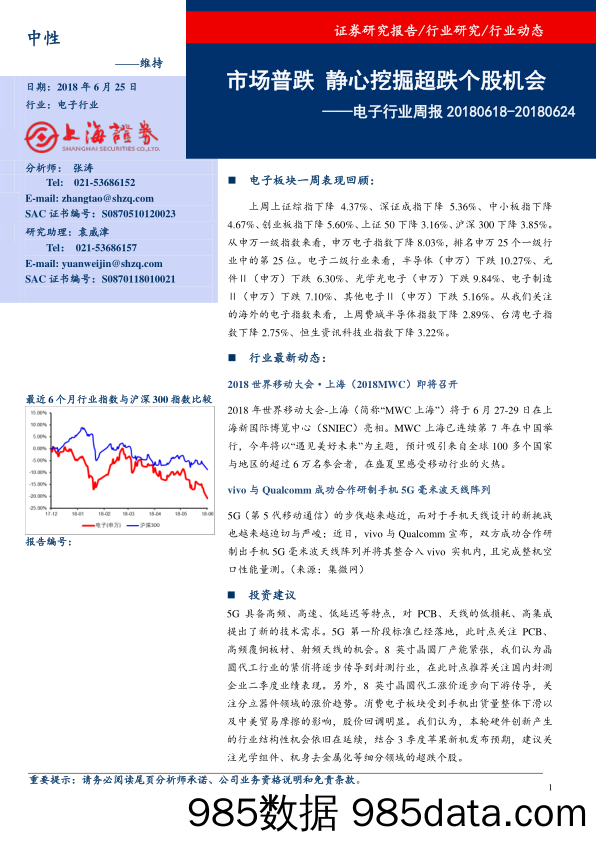 电子行业周报：市场普跌 心挖掘超跌个股机会_上海证券