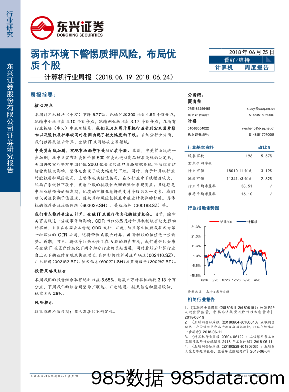 计算机行业周报：弱市环境下警惕质押风险，布局优质个股_东兴证券