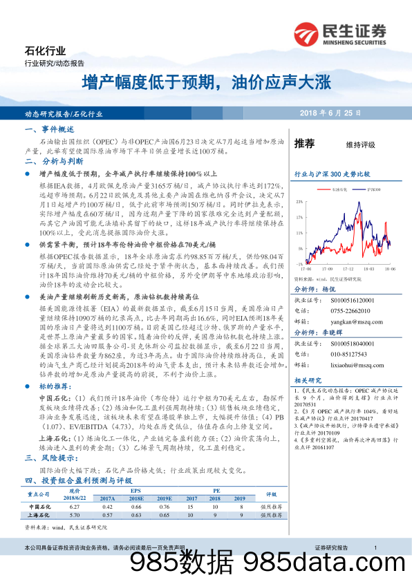 石化行业：增产幅度低于预期，油价应声大涨_民生证券