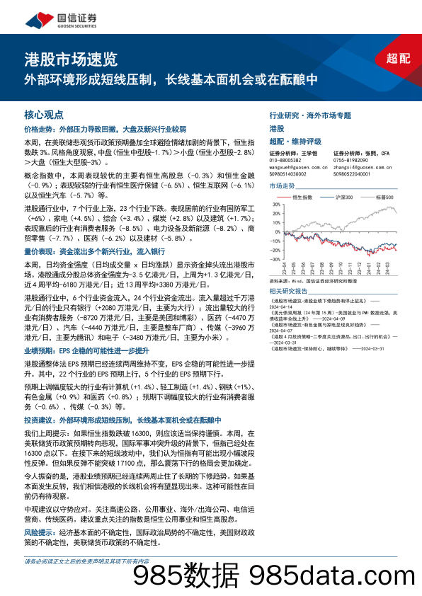 港股市场速览：外部环境形成短线压制，长线基本面机会或在酝酿中-240421-国信证券