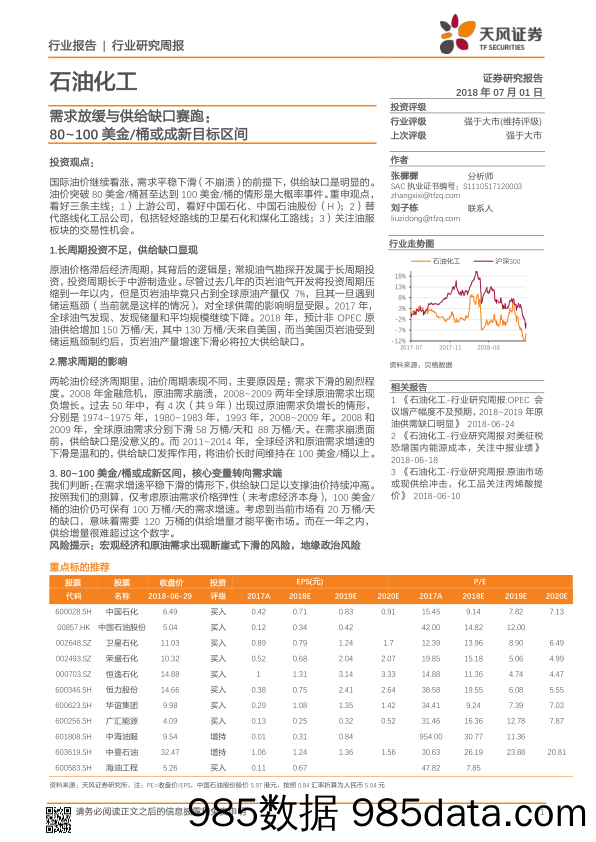 石油化工行业研究周报：需求放缓与供给缺口赛跑：80~100美金 桶或成新目标区间_天风证券