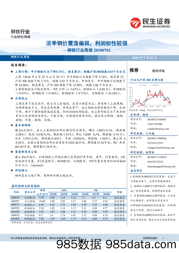 钢铁行业周报：淡季钢价震荡偏弱，利润韧性较强_民生证券