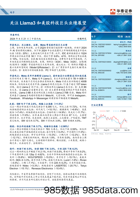 电子行业专题研究：关注Llama3和美股科技巨头业绩展望-240421-华泰证券