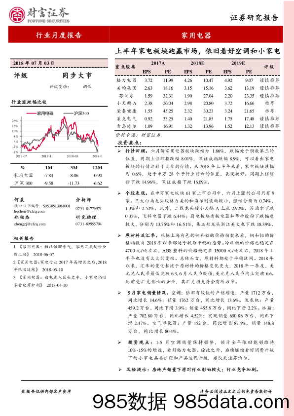 家用电器行业月度报告：上半年家电板块跑赢市场，依旧看好空调和小家电_财富证券