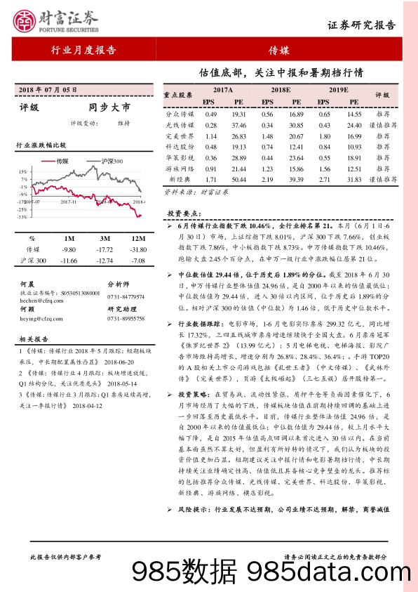 传媒行业月度报告：估值底部，关注中报和暑期档行情_财富证券