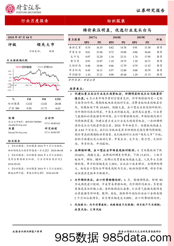 纺织服装行业月度报告：棉价承压明显，优选行业龙头白马_财富证券插图