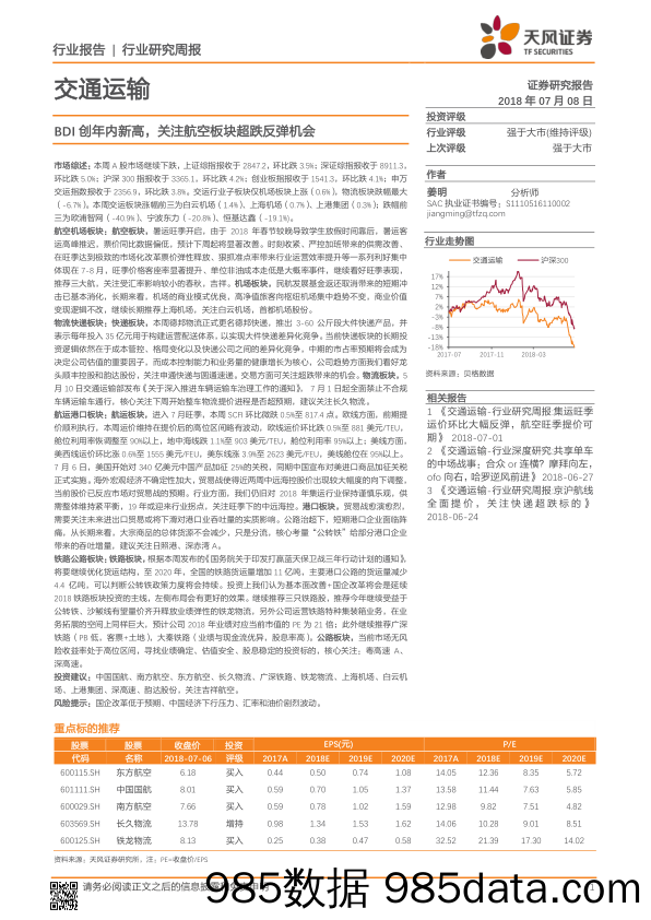 交通运输行业研究周报：BDI创年内新高，关注航空板块超跌反弹机_天风证券