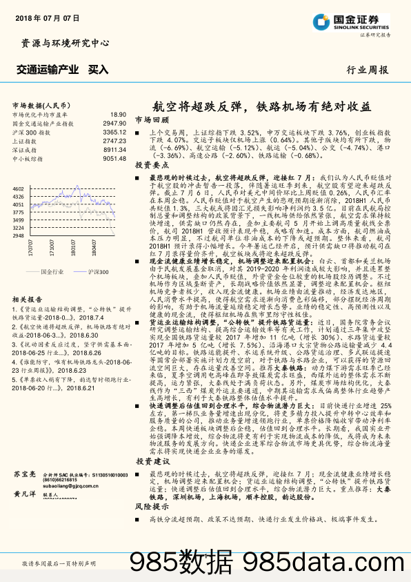 交通运输产业行业周报：航空将超跌反弹，铁路机场有绝对收益_国金证券