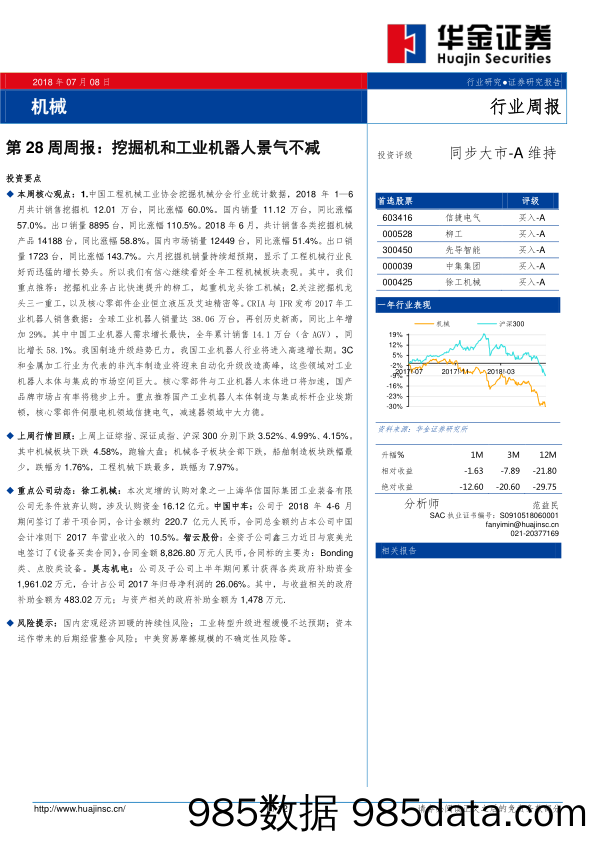 机械第28周周报：挖掘机和工业机器人景气不减_华金证券