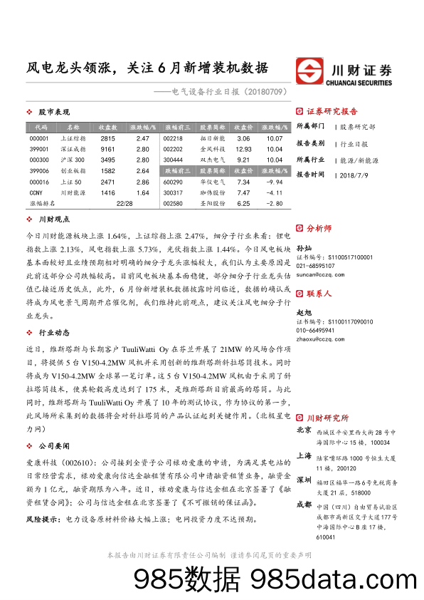 电气设备行业日报：风电龙头领涨，关注6月新增装机数据_川财证券