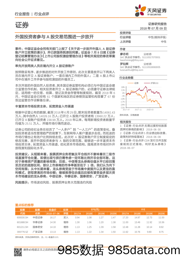 证券行业点评：外国投资者参与A股交易范围进一步放开_天风证券