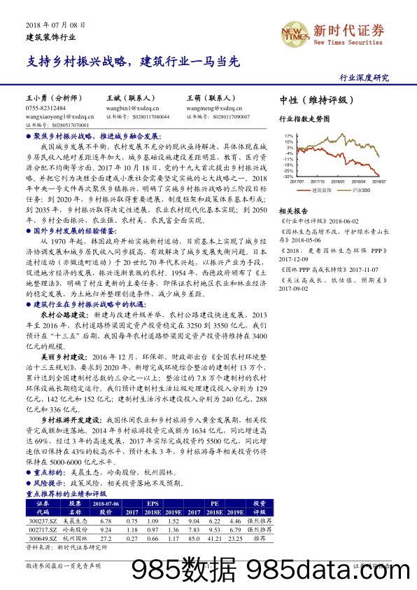 建筑装饰行业深度研究：支持乡村振兴战略，建筑行业一马当先_新时代证券