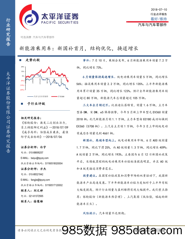 汽车与汽车零部件行业点评报告：新能源乘用车：新国补首月，结构优化，换道增长_太平洋