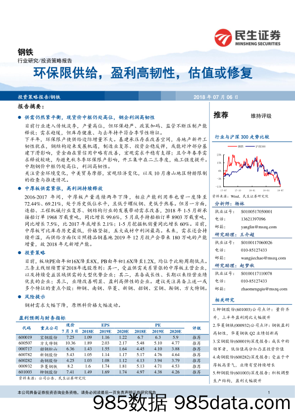 钢铁：环保限供给，盈利高韧性，估值或修复_民生证券