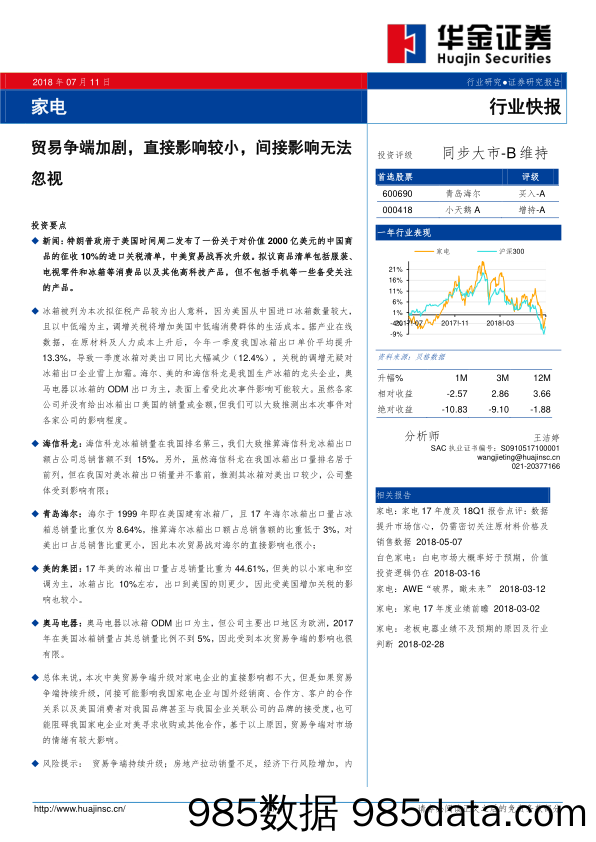 家电行业快报：贸易争端加剧，直接影响较小，间接影响无法忽视_华金证券