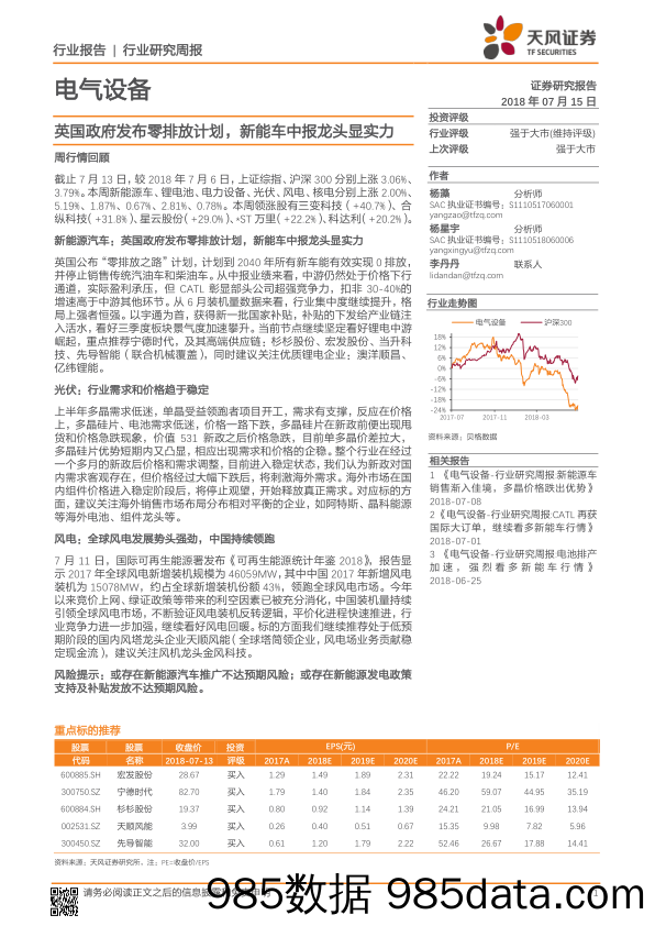 电气设备行业研究周报：英国政府发布零排放计划，新能车中报龙头显实力_天风证券