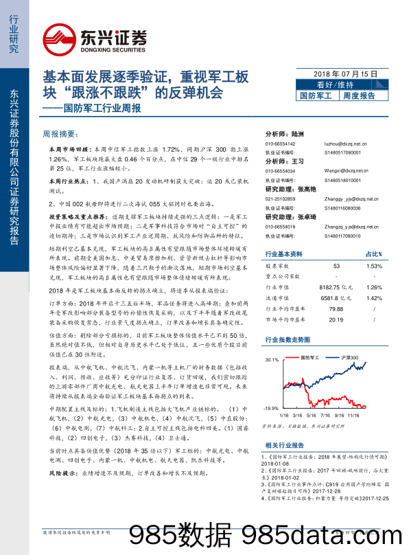 国防军工行业周报：基本面发展逐季验证，重视军工板块“跟涨不跟跌”的反弹机会_东兴证券