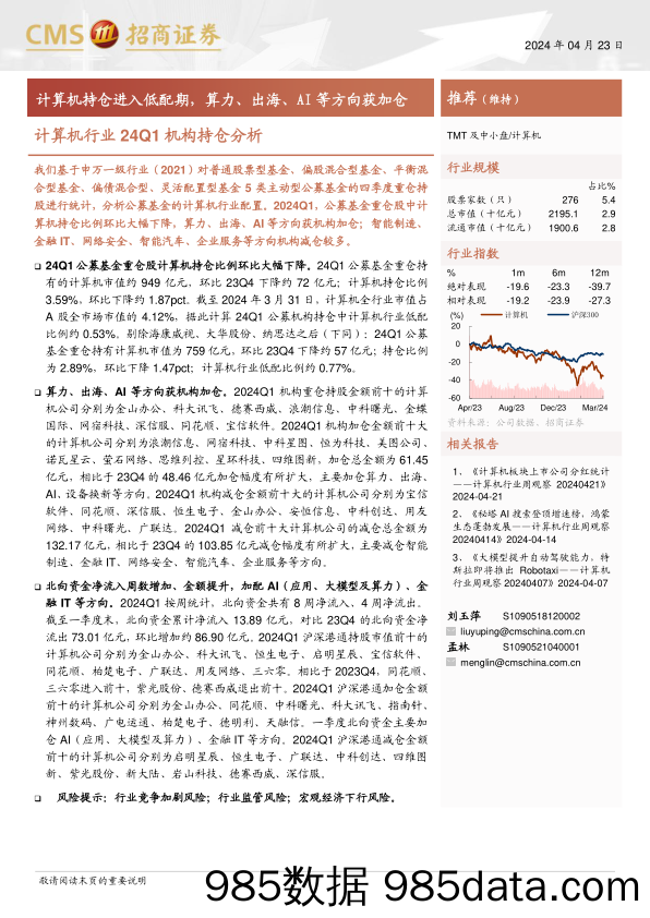 计算机行业24Q1机构持仓分析：计算机持仓进入低配期，算力出海AI等方向获加仓-240423-招商证券