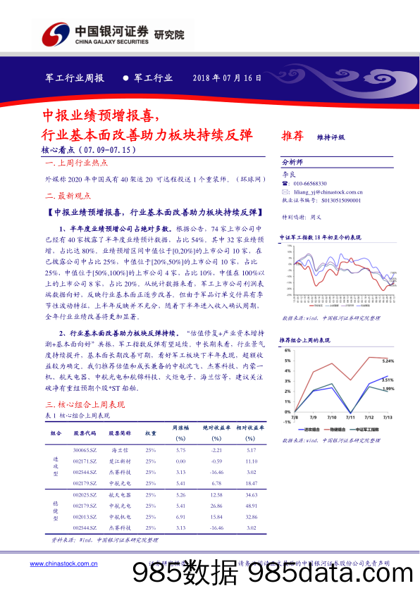 军工行业周报：中报业绩预增报喜，行业基本面改善助力板块持续反弹_中国银河