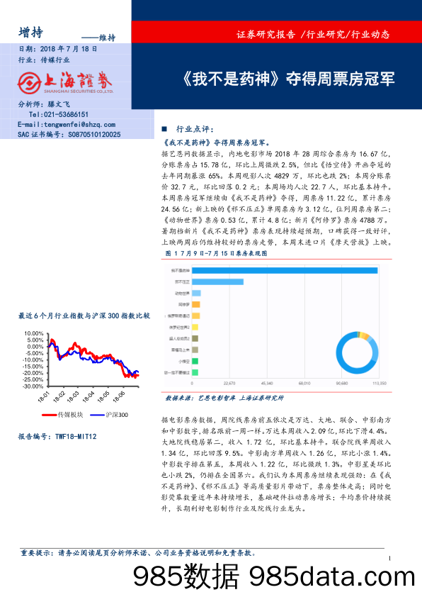 传媒行业：《我不是药神》夺得周票房冠军_上海证券